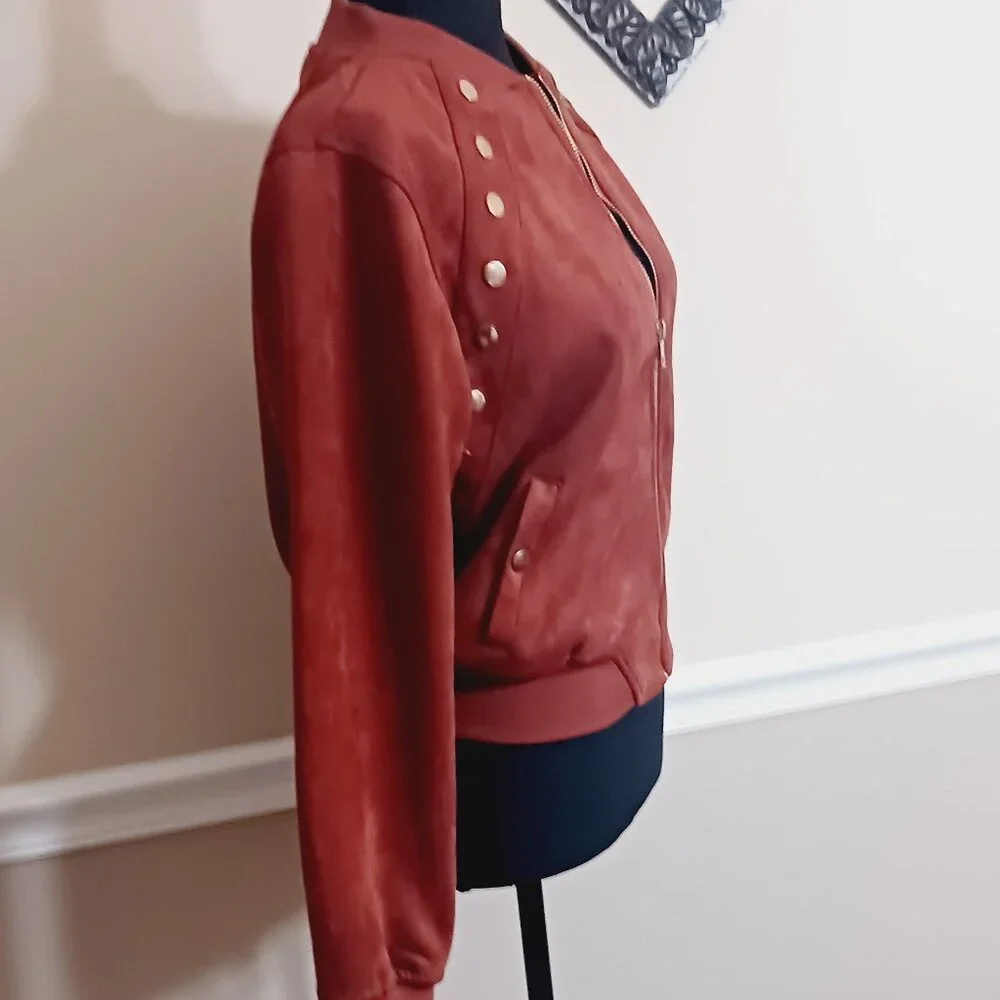 Super Cute Haute Monde Faux Suede Zip Up Jacket With Gold Accent Buttons - Picture 3 of 7